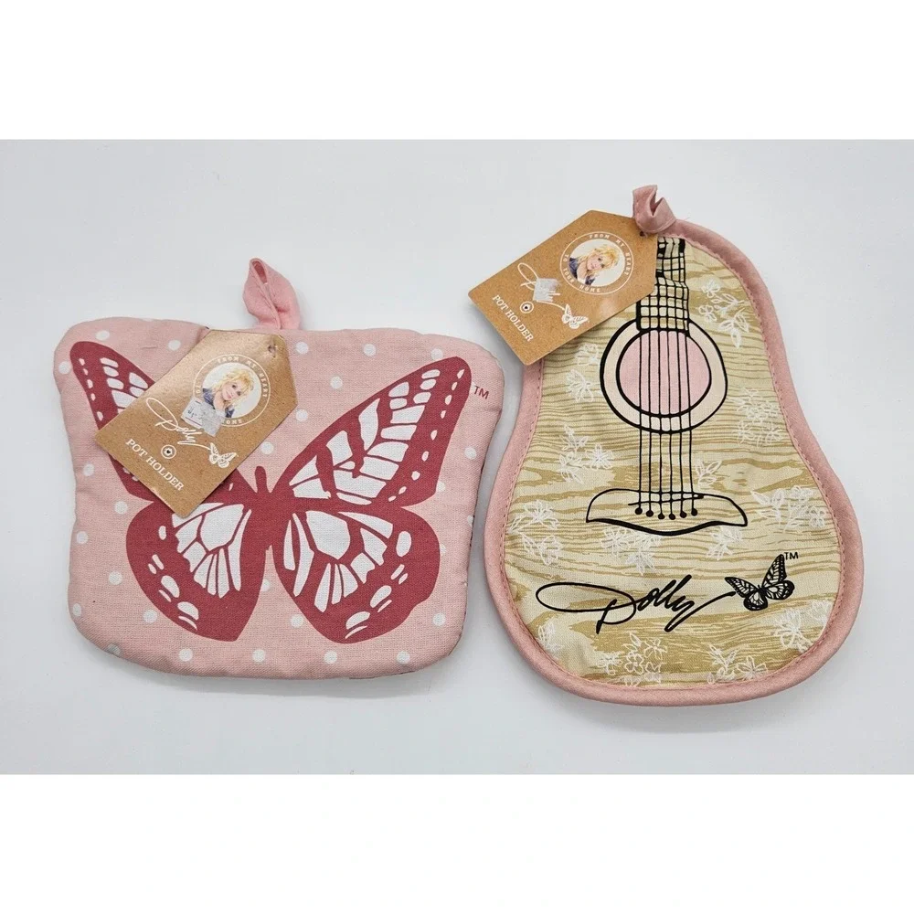 Dolly Parton From My Heart Pot Holder‎ Set Butterfly Guitar Pink 2pc NWT